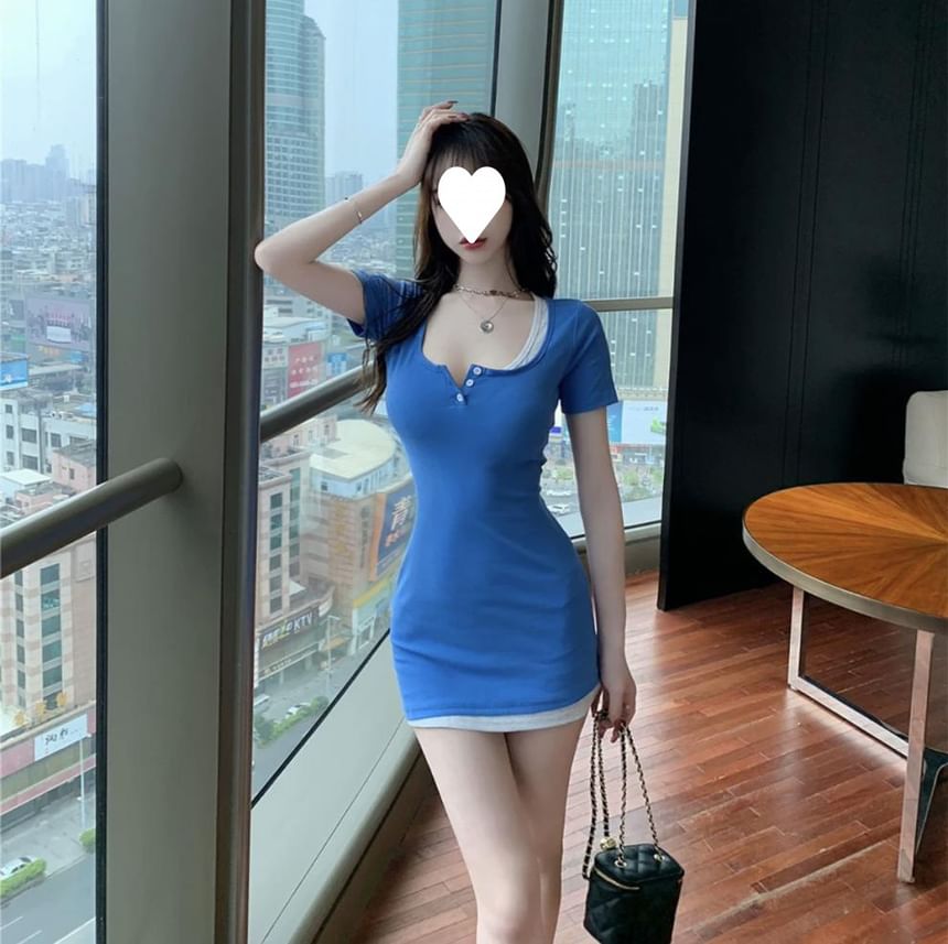 Two Dress Short-Sleeve Piece Sheath Mini Henley Mock