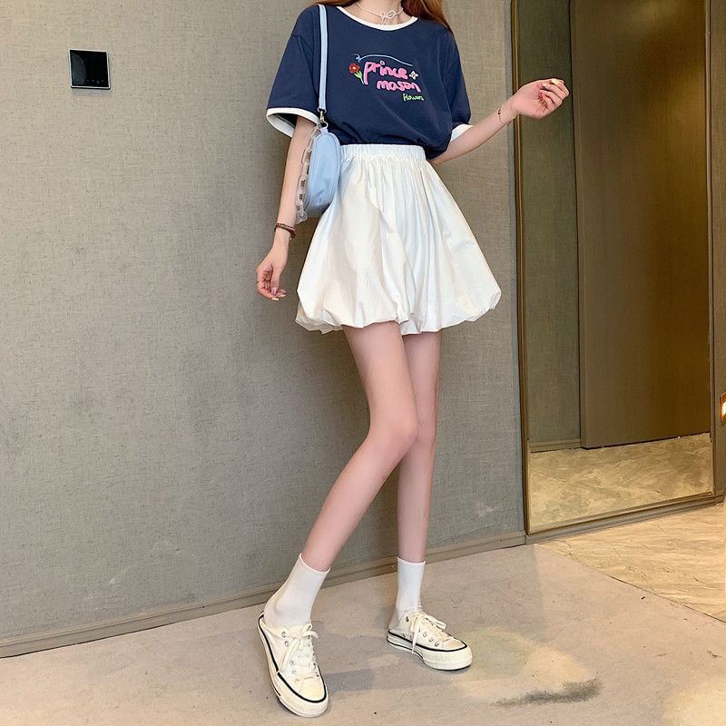 Plain Balloon Mini Elastic Skirt A-Line Waist