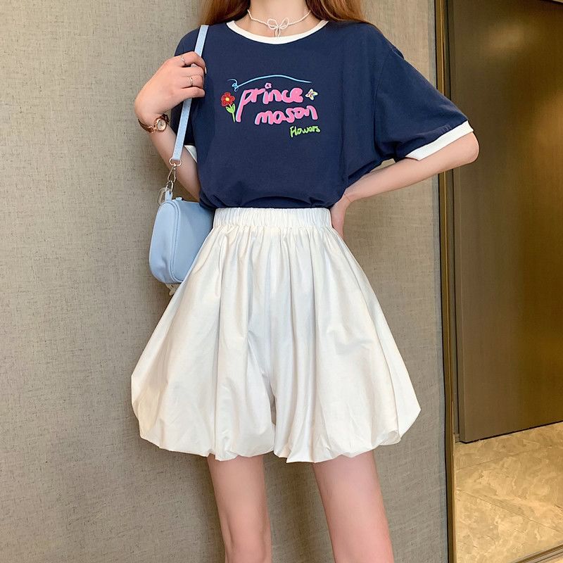 Plain Balloon Mini Elastic Skirt A-Line Waist