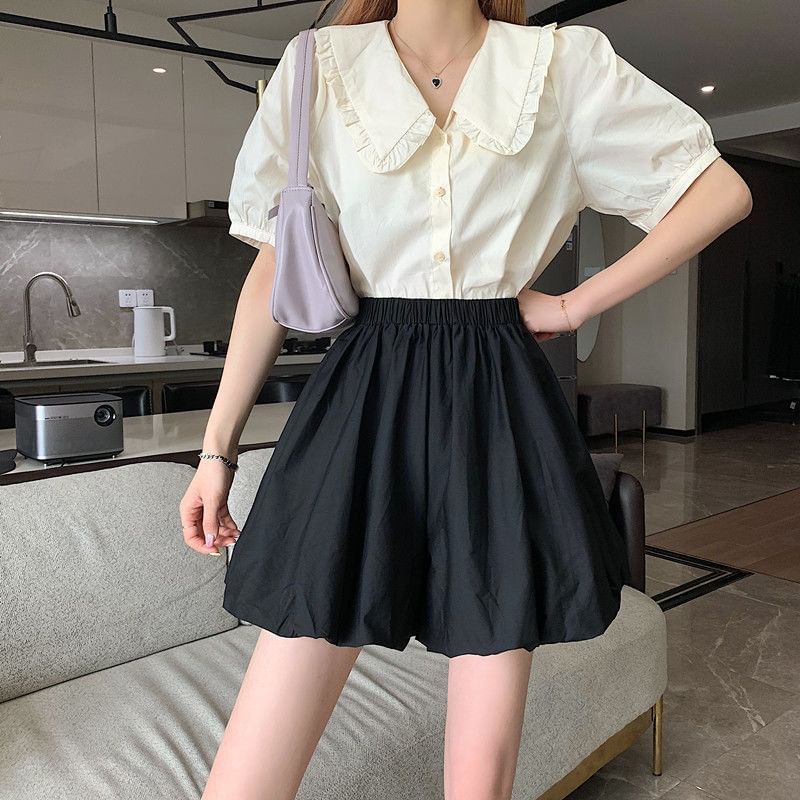 Plain Balloon Mini Elastic Skirt A-Line Waist