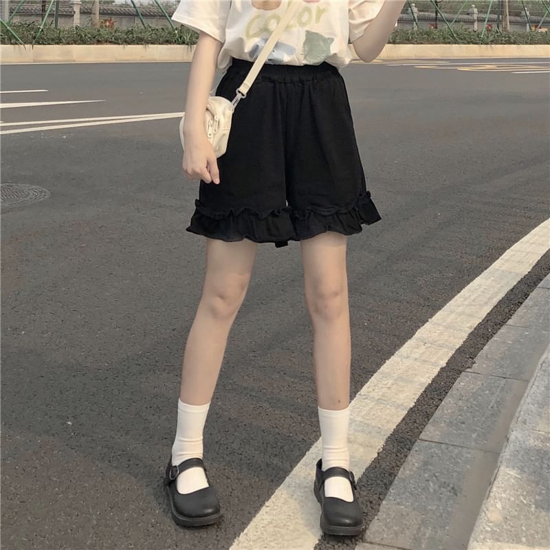 Elastic Shorts Plain Waist Ruffle