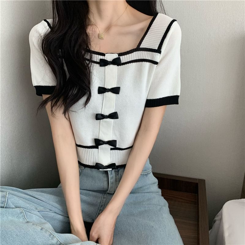Square Short-Sleeve Knit Top Bow Neck