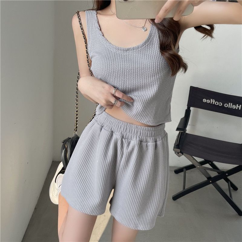 Waist Elastic Set: Tank Scoop Plain Shorts Sweat Neck + Top