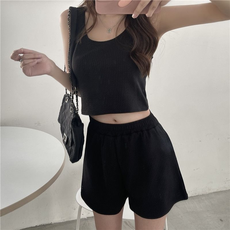 Waist Elastic Set: Tank Scoop Plain Shorts Sweat Neck + Top