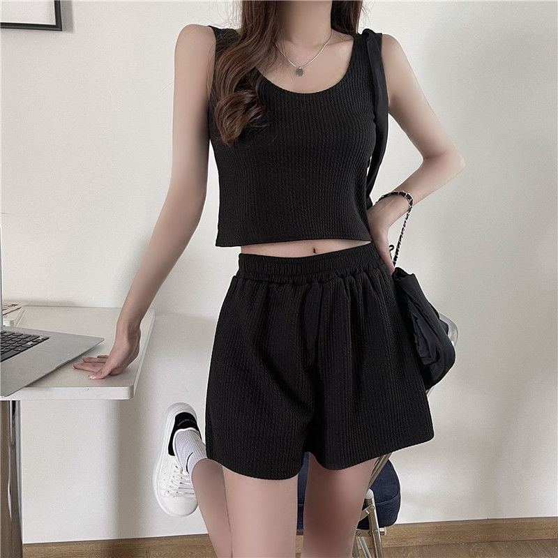 Waist Elastic Set: Tank Scoop Plain Shorts Sweat Neck + Top