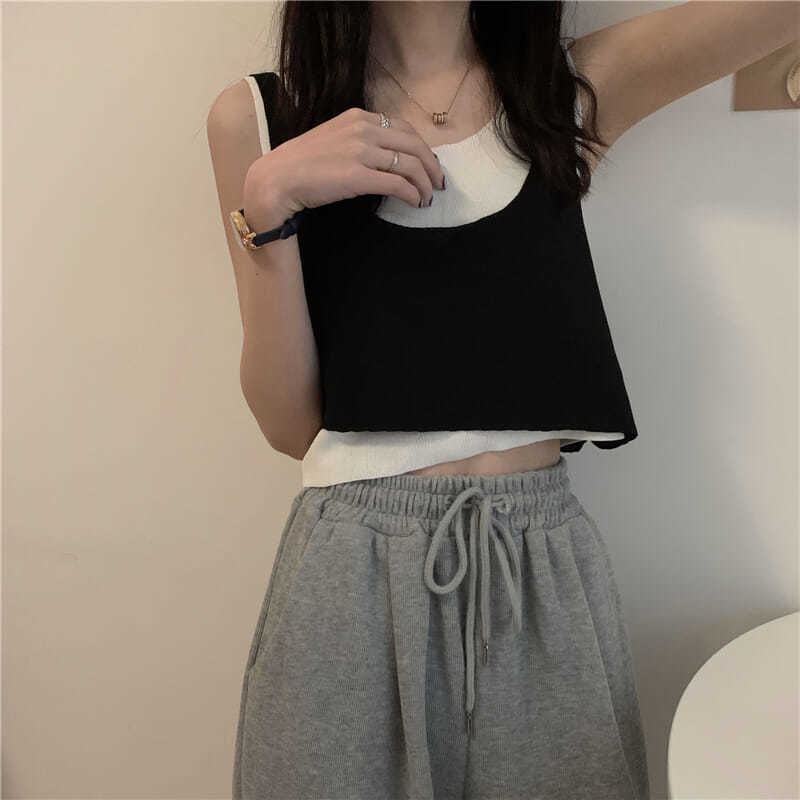 Piece Neck Top Tank Two Scoop Mock Knit