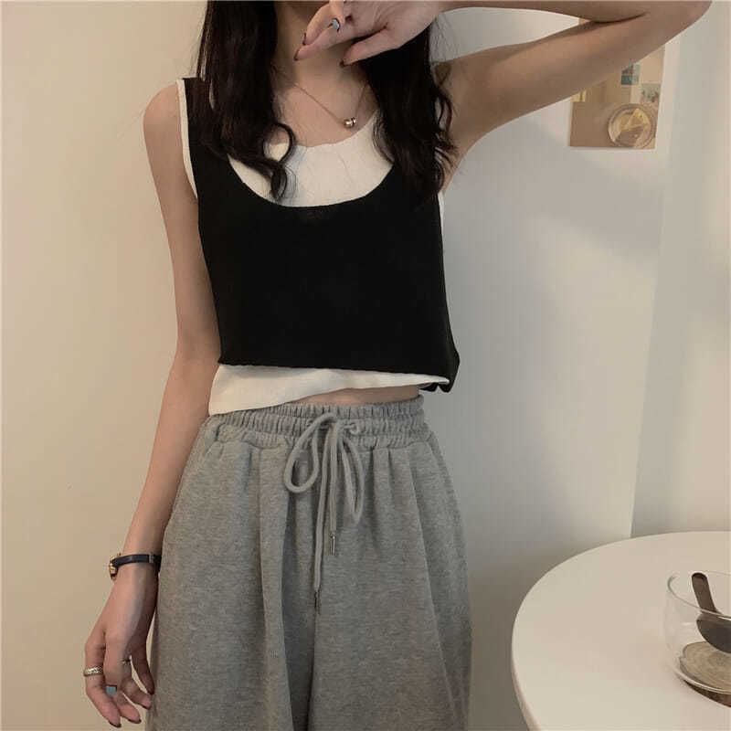 Piece Neck Top Tank Two Scoop Mock Knit