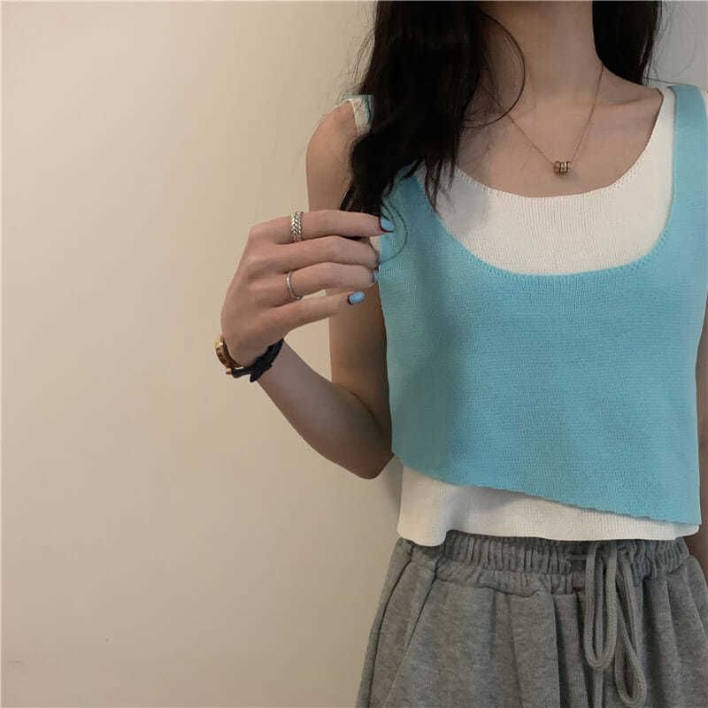 Piece Neck Top Tank Two Scoop Mock Knit