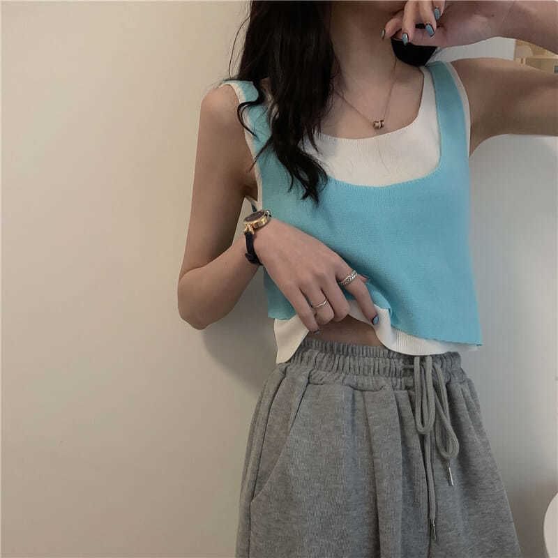 Piece Neck Top Tank Two Scoop Mock Knit