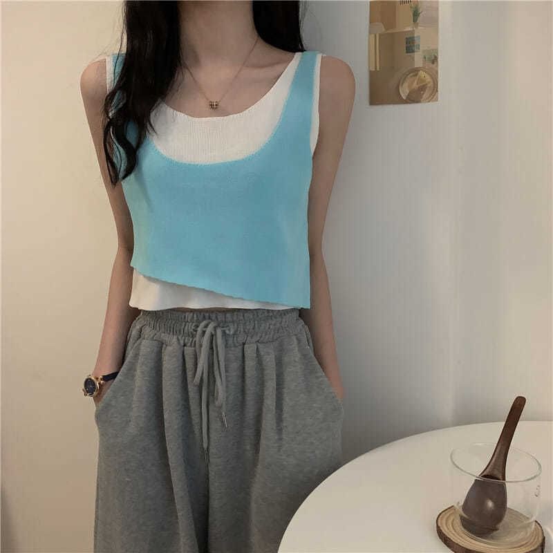 Piece Neck Top Tank Two Scoop Mock Knit