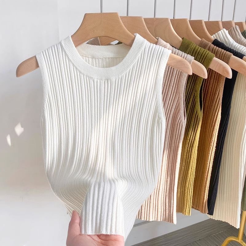 Top Ribbed Knit Plain Neck Tank Crew