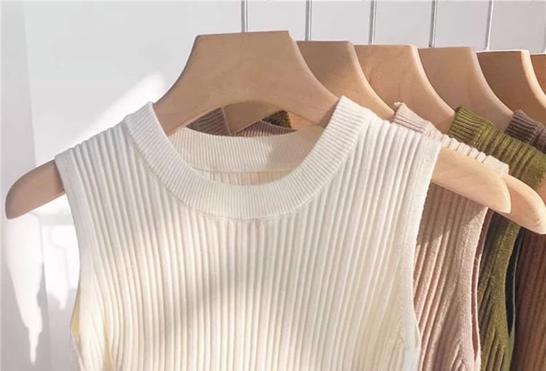 Top Ribbed Knit Plain Neck Tank Crew