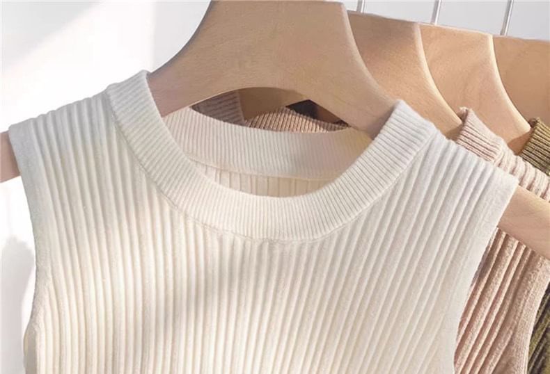 Top Ribbed Knit Plain Neck Tank Crew