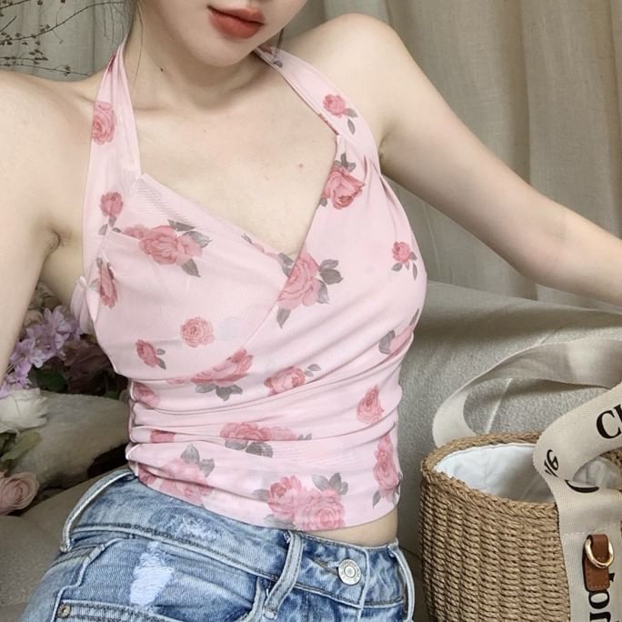 / Floral Print Crop Plain Top Neck Halter Cardigan