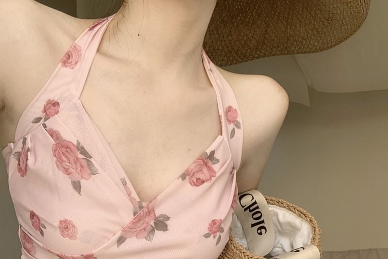 / Floral Print Crop Plain Top Neck Halter Cardigan