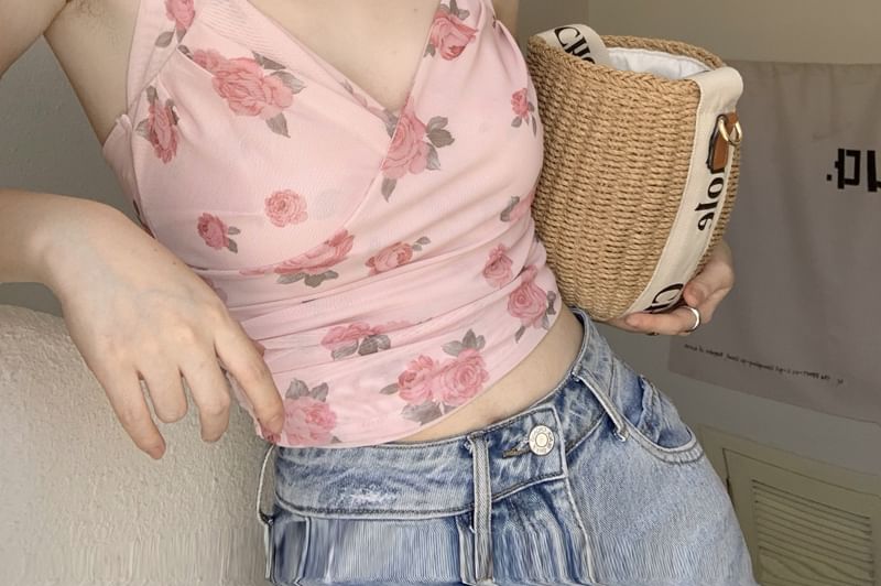 / Floral Print Crop Plain Top Neck Halter Cardigan