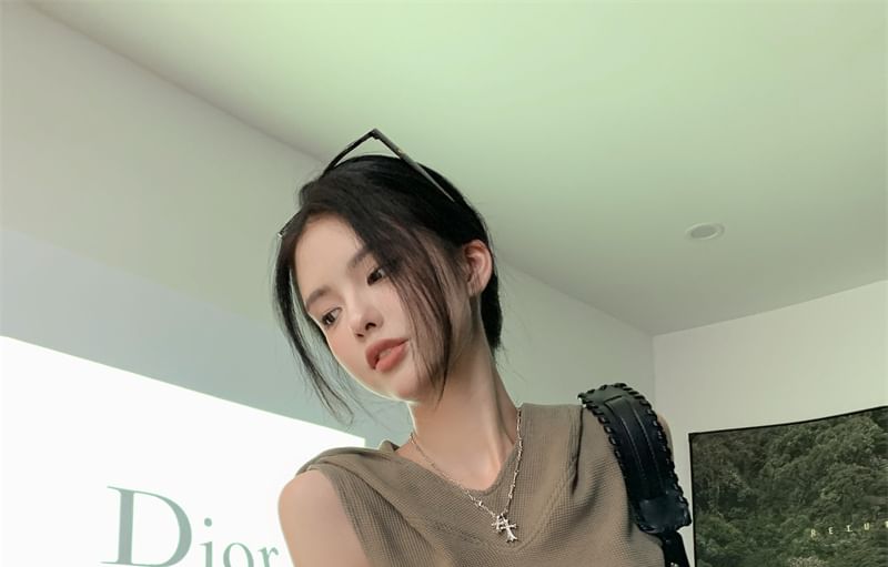 Sleeveless Skirt Crop Camo Plain / Mini Print Hooded Top