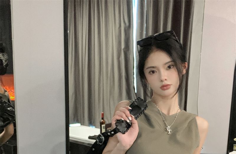 Sleeveless Skirt Crop Camo Plain / Mini Print Hooded Top