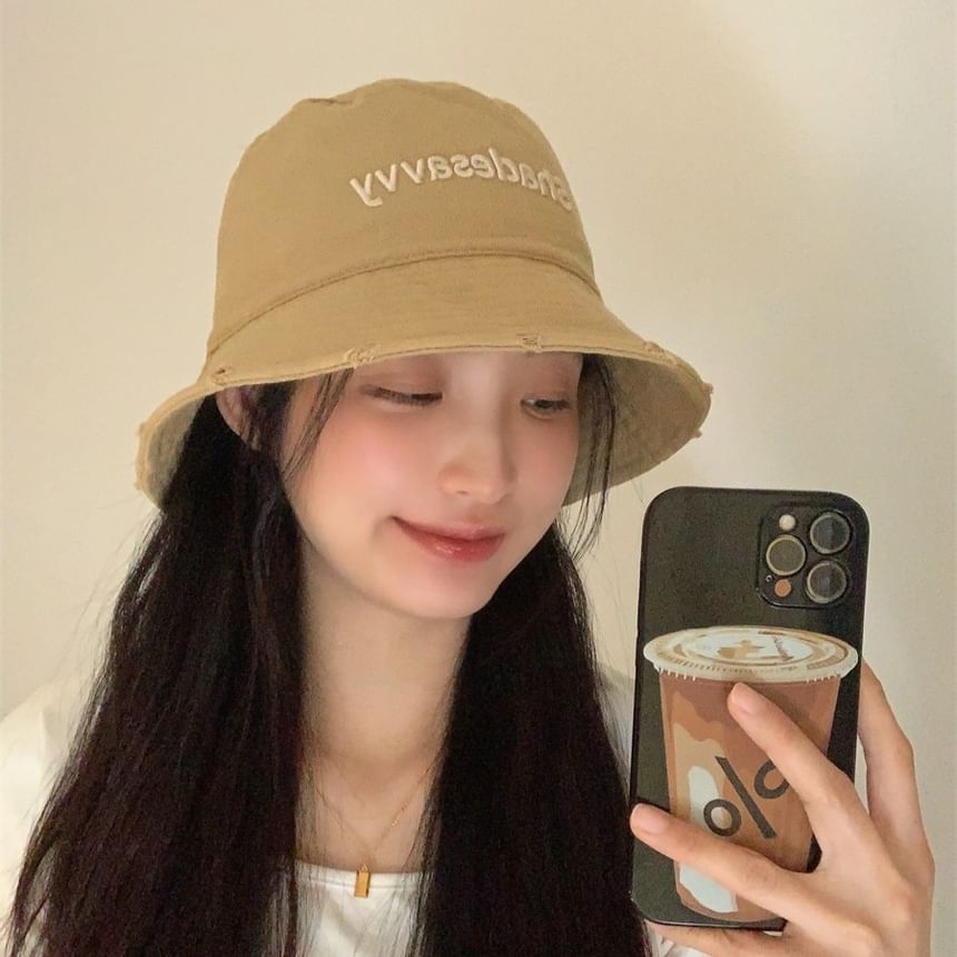 Embroidered Bucket Lettering Distressed Hat