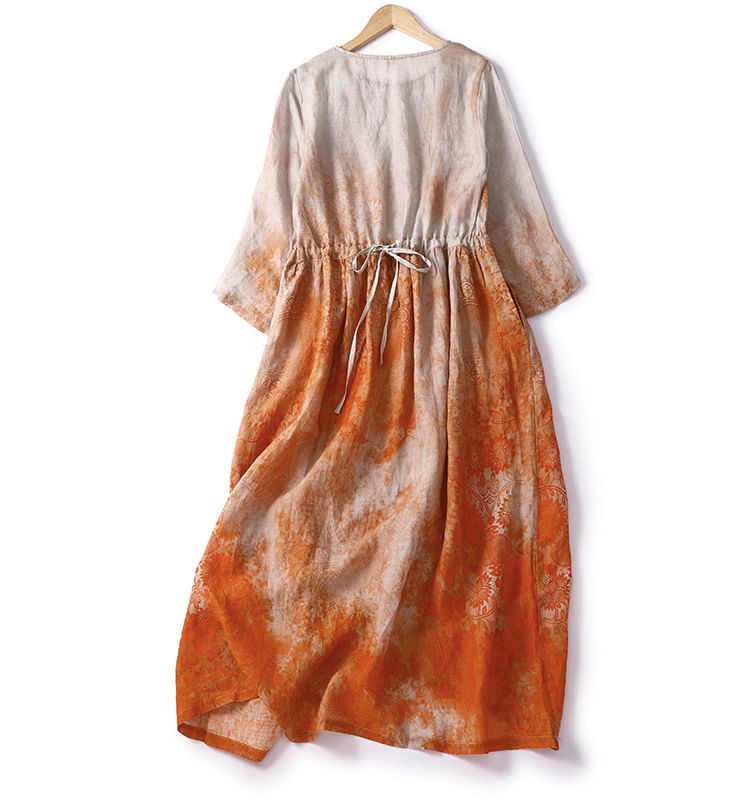 Puff-Sleeve Tie-Dyed Midi A-Line Dress