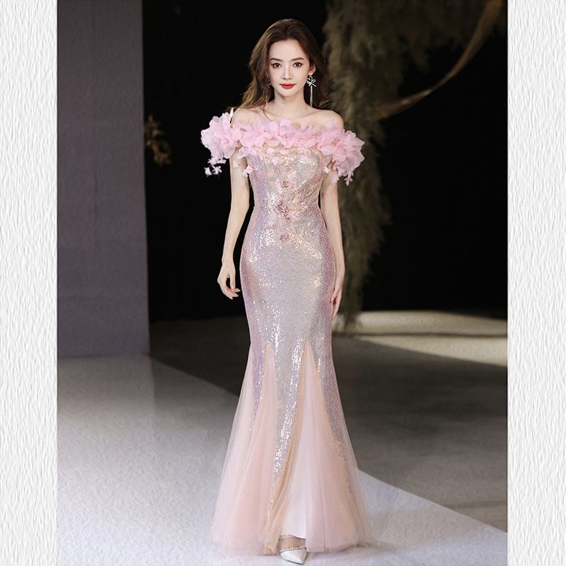 Evening Flower Detail Mermaid Gown Sequin Off-Shoulder