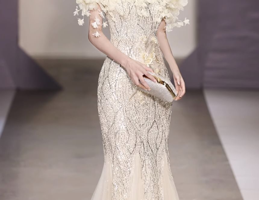 Evening Flower Detail Mermaid Gown Sequin Off-Shoulder