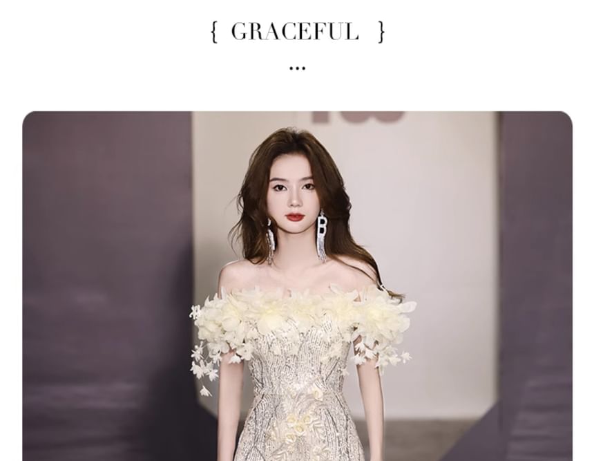 Evening Flower Detail Mermaid Gown Sequin Off-Shoulder