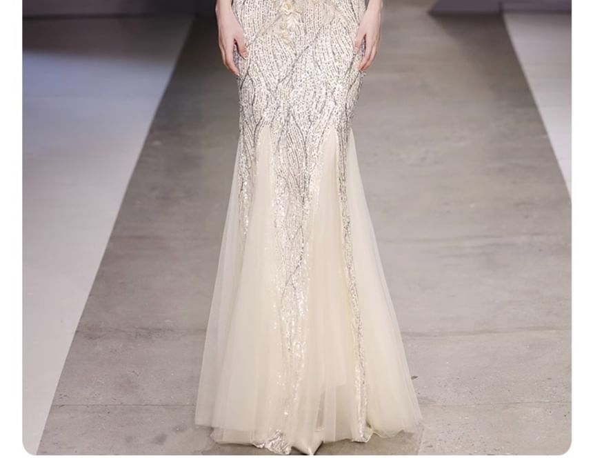 Evening Flower Detail Mermaid Gown Sequin Off-Shoulder