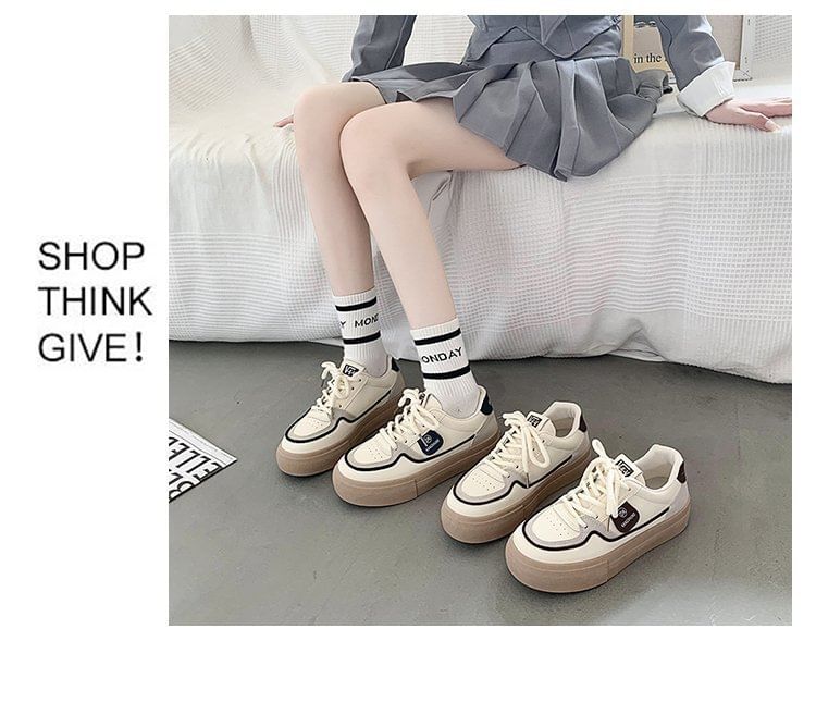 Platform Color Block Applique Faux Leather Lace-Up Sneakers