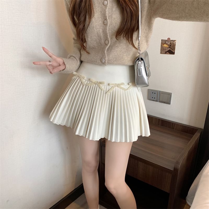 High Waist Plain Bow Pleated Mini A-Line Skirt