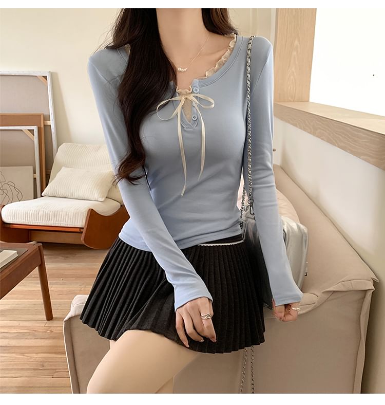 Long-Sleeve Notch Neck Plain T-Shirt