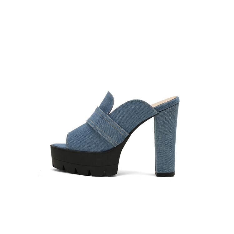 Denim Sandals Heel Washed Chunky