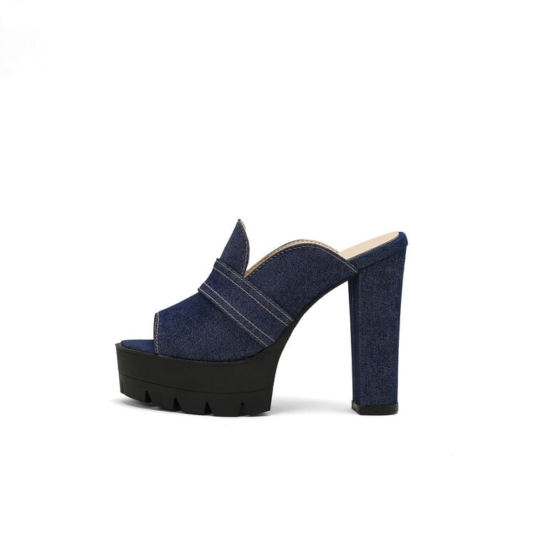 Denim Sandals Heel Washed Chunky