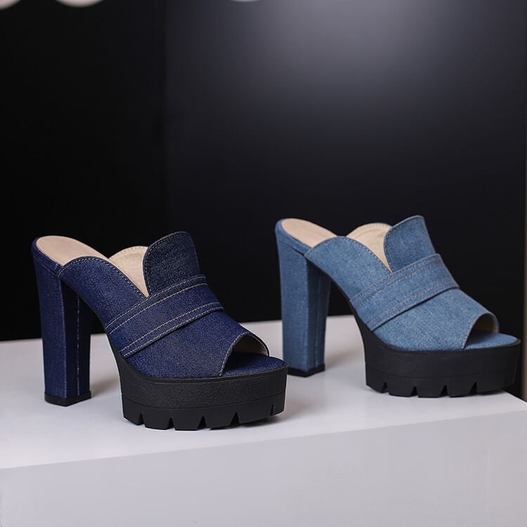 Denim Sandals Heel Washed Chunky