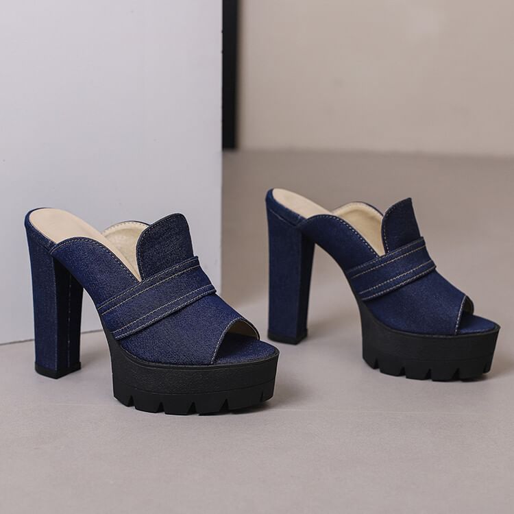 Denim Sandals Heel Washed Chunky