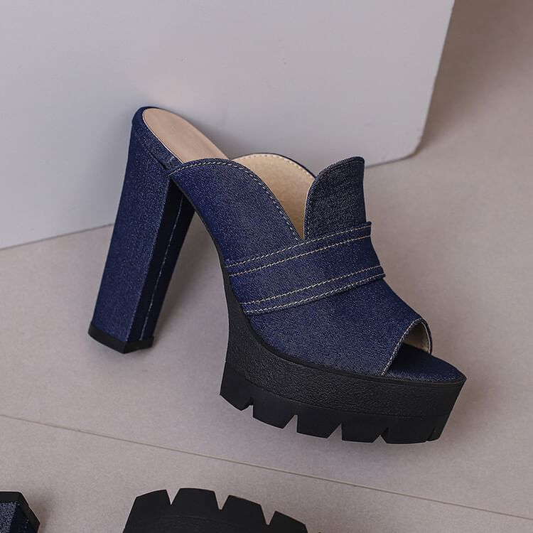 Denim Sandals Heel Washed Chunky