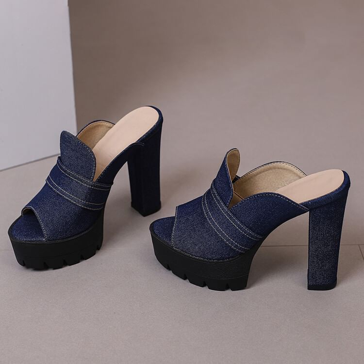Denim Sandals Heel Washed Chunky