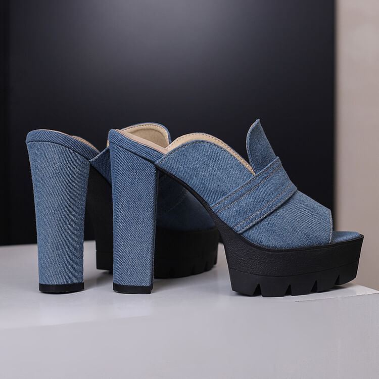 Denim Sandals Heel Washed Chunky