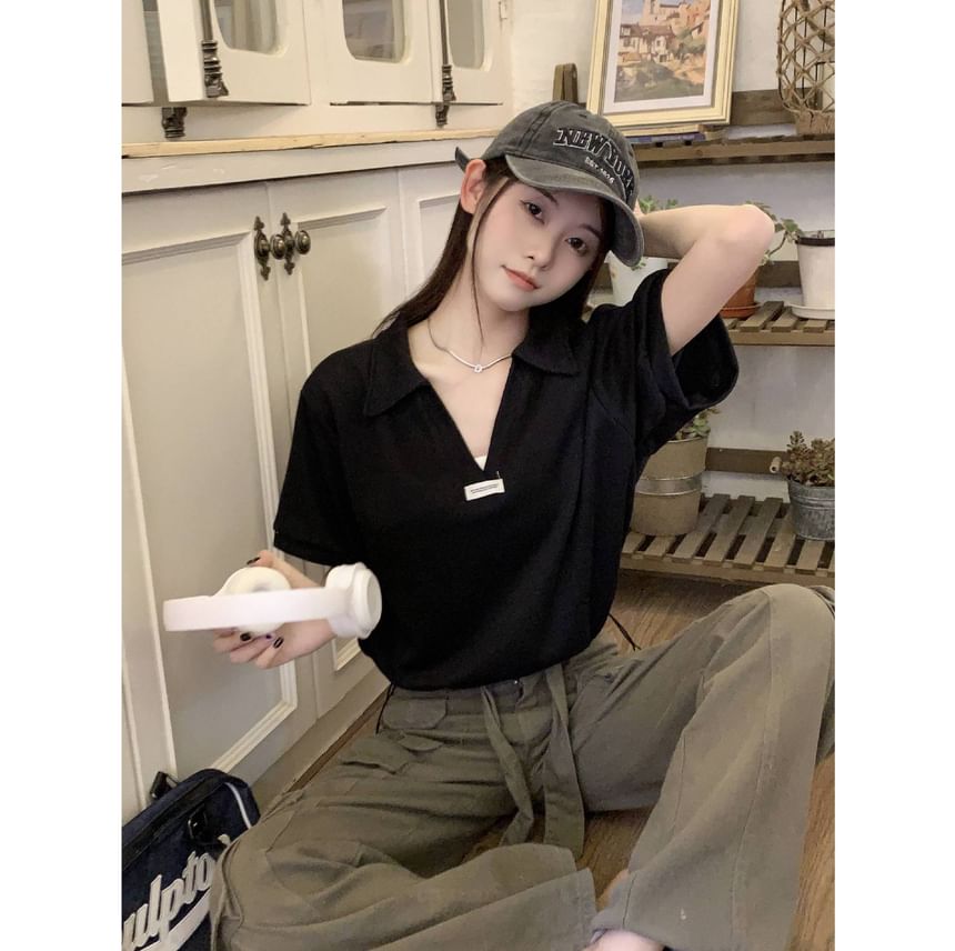 V-Neck Drawstring Polo Short-Sleeve Hem Shirt Applique