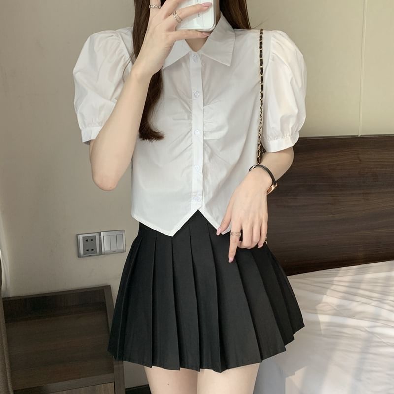 Crop Short-Sleeve Plain Shirt