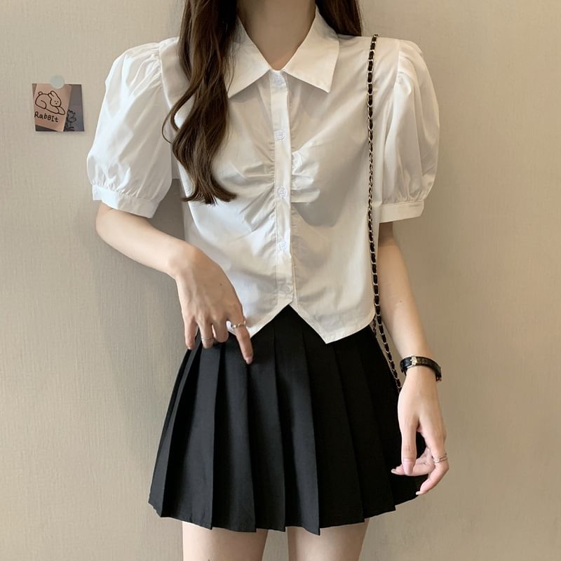 Crop Short-Sleeve Plain Shirt