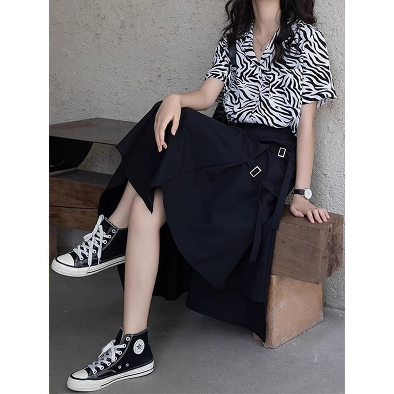 A-Line Plain Elastic Buckled Asymmetrical Skirt Slit Midi Waist