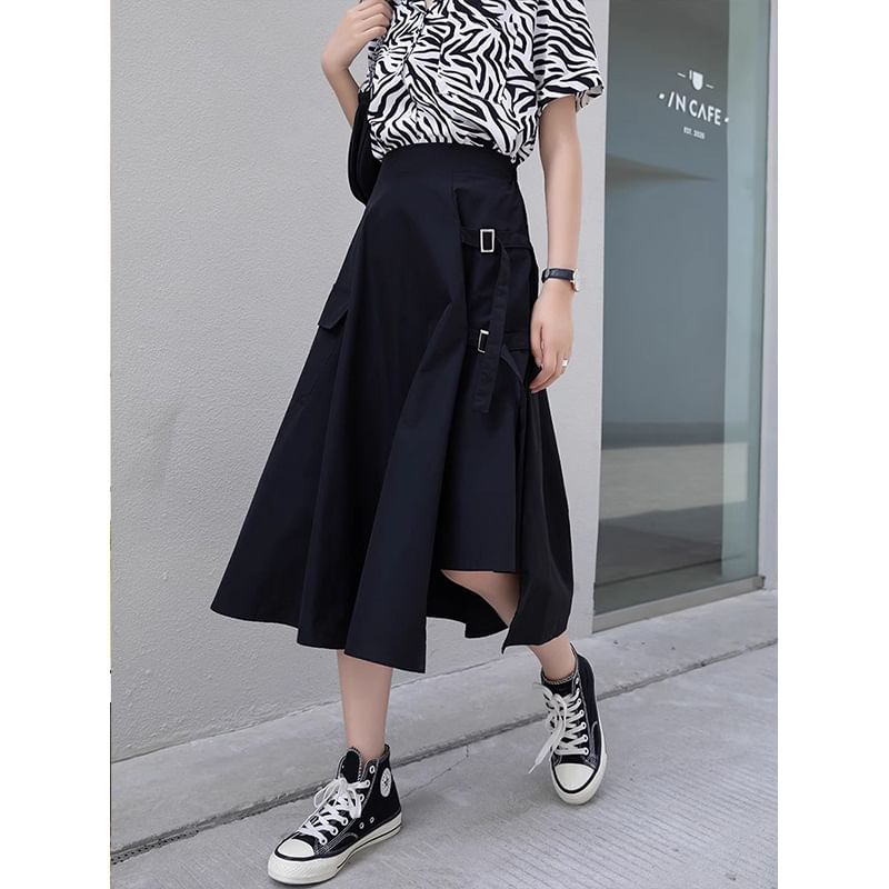 A-Line Plain Elastic Buckled Asymmetrical Skirt Slit Midi Waist