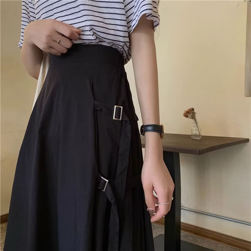 A-Line Plain Elastic Buckled Asymmetrical Skirt Slit Midi Waist