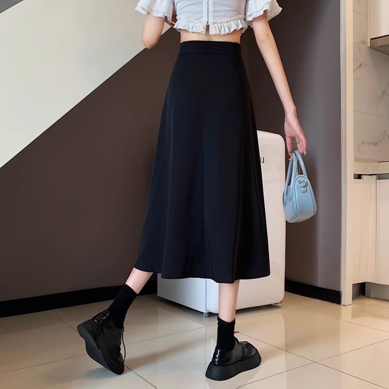 A-Line Plain Elastic Buckled Asymmetrical Skirt Slit Midi Waist