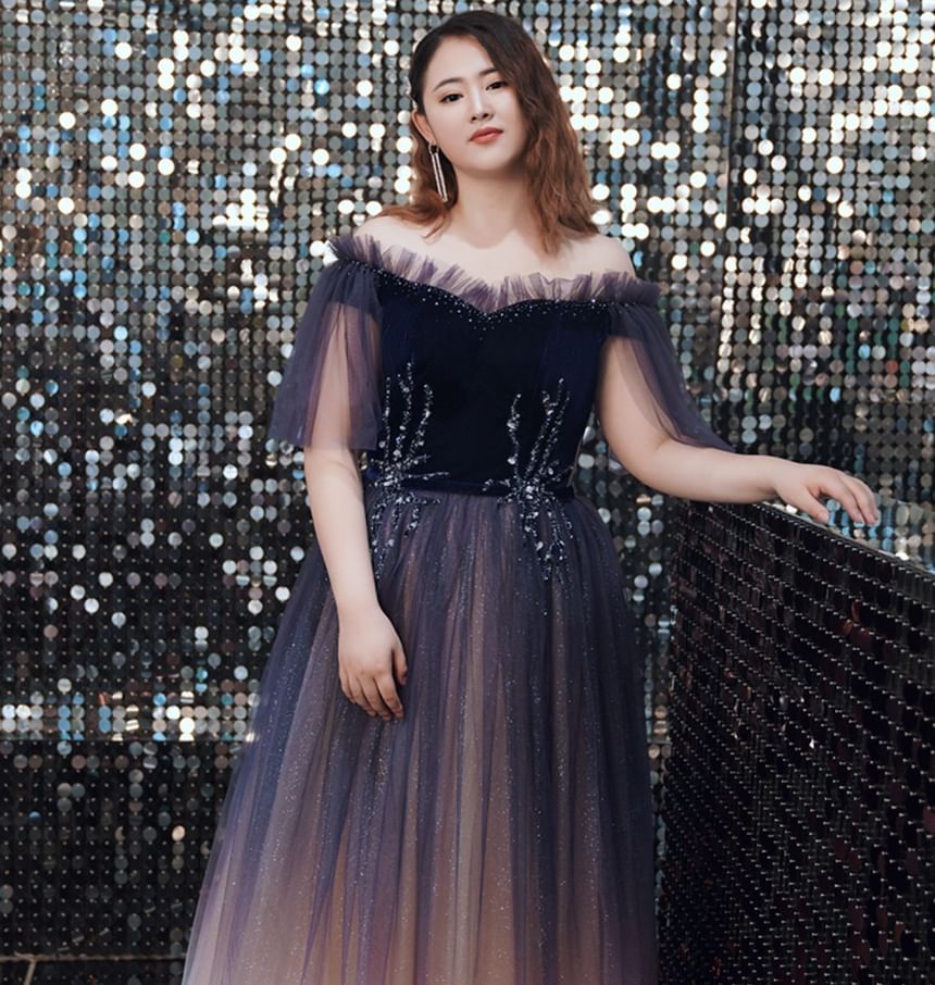 Plus Size Short-Sleeve Off-Shoulder Gradient Sequin A-Line Evening Gown
