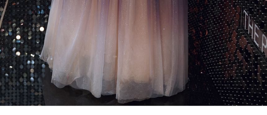 Plus Size Short-Sleeve Off-Shoulder Gradient Sequin A-Line Evening Gown