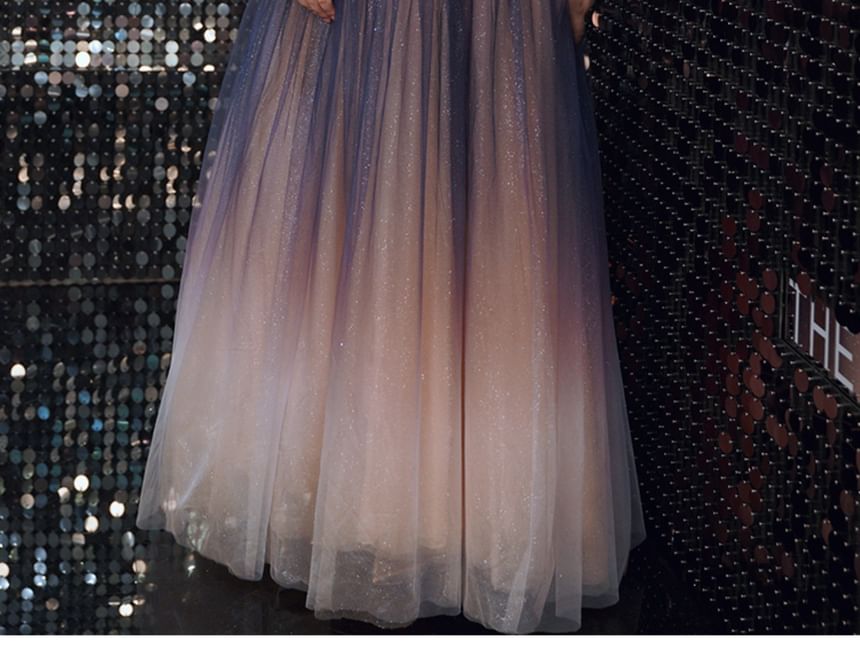 Plus Size Short-Sleeve Off-Shoulder Gradient Sequin A-Line Evening Gown