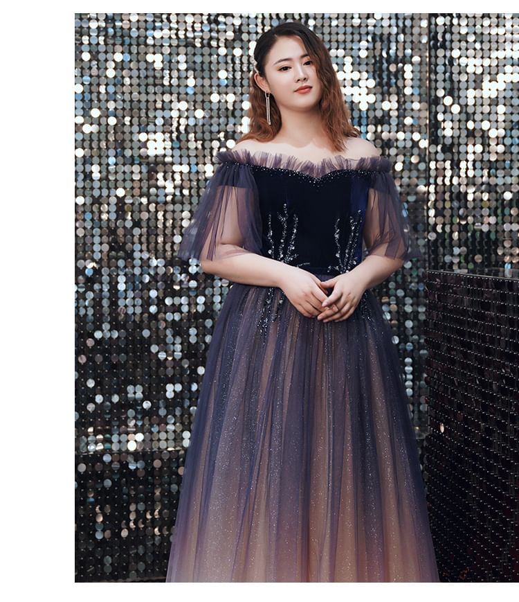 Plus Size Short-Sleeve Off-Shoulder Gradient Sequin A-Line Evening Gown