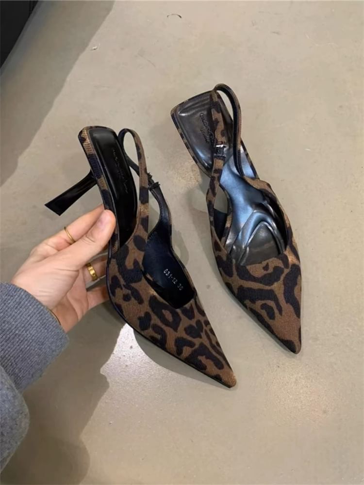 Leopard Sandals Toe Slingback Print High Heel Pointed